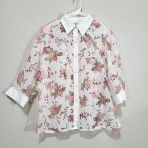Cherry Floral Blouse Womens XXL Sheer Floral Button Up Smart Casual White Pink